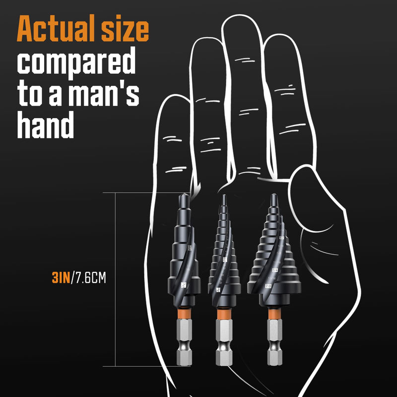 3PCS Unibit Step Drill Bit Set (1/4"-7/8"), M35 Cobalt, TiAlN Coated for Superior Durability, Spiral Cone Drill for Stainless Steel, Sheet Metal, Aluminum & Plastic