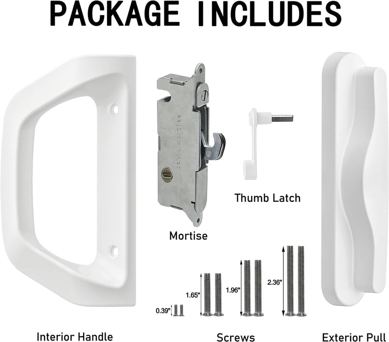 Sliding Glass Door Handle Set and Mortise Lock Silding Door Lock ,Thickness from 1-1/2 inches to 2-4/25 inches,3-15/16” inch Screw Hole Spacing, Reversible Design(Non-Handed)(White, NO-Keyed) White