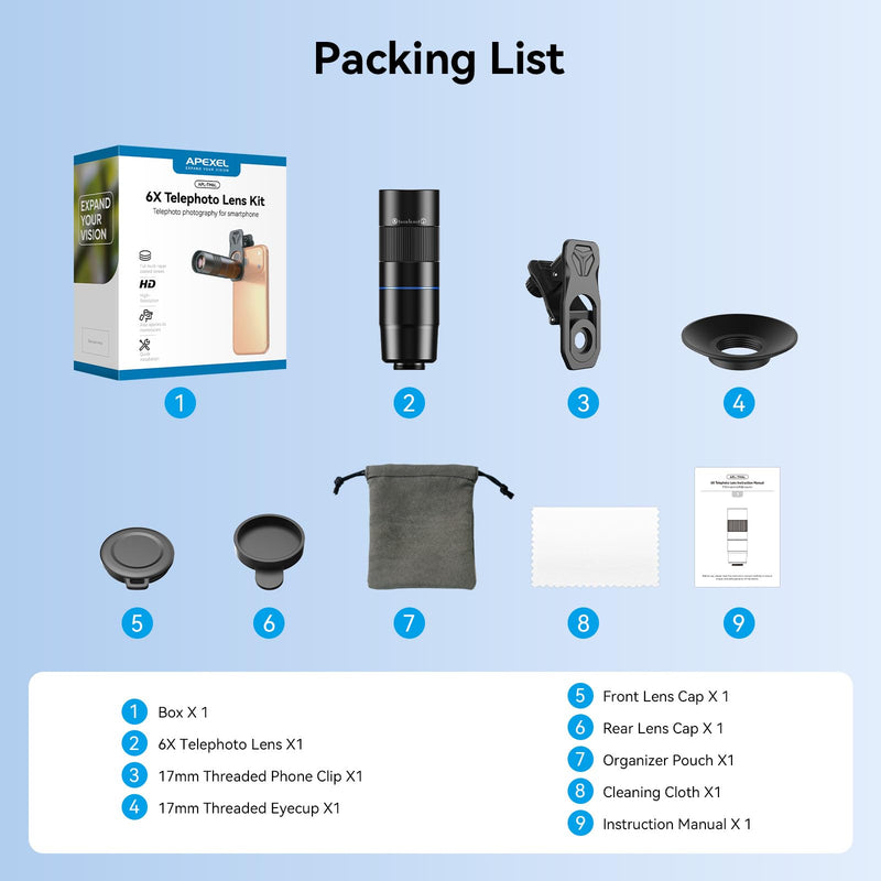 6X Telephoto Lens for Smartphone, HD Phone Camera Lens Kit with Universal Clip, Phone Lens Attachment for iPhone, Samsung and Android Phones, Wildlife, Sports, Concerts and Travel