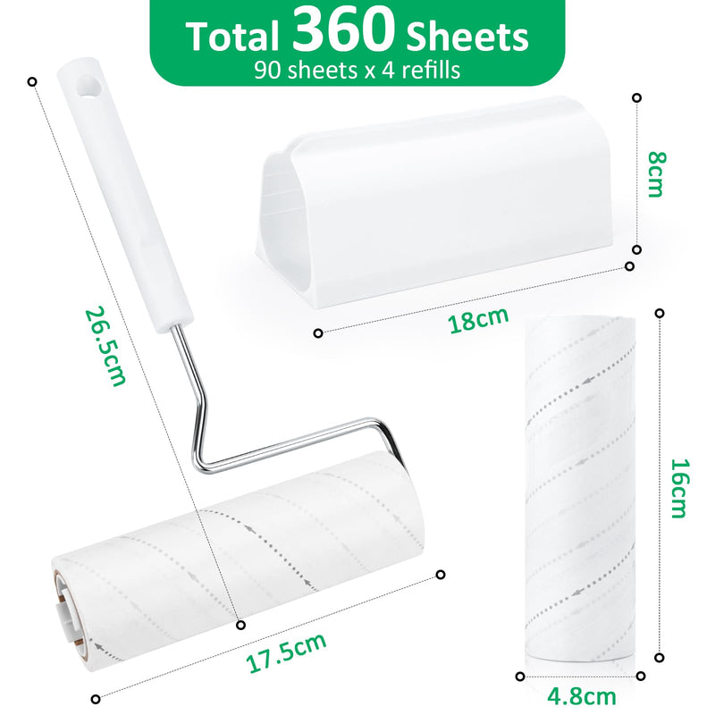 360 Sheets Lint Rollers for Pet Hair, Large Lint Roller with 4 Refills | 16cm Large Lint Roller, 90 Sheets per Roll, Clothes Roller Sticky for Dust & Fluff from Clothes, Furniture, Carpet 360 Sheets + 1 Dispenser (16cm)
