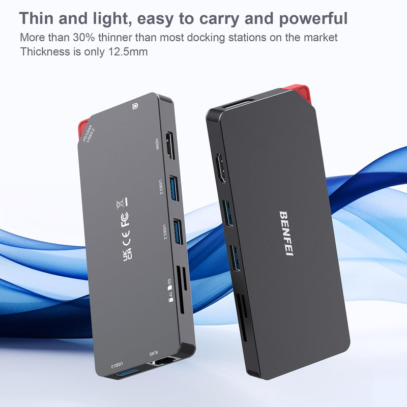BENFEI 9in1 USB C MST Laptop Docking Station, USB-C Hub with HDMI DisplayPort Dual Monitor/3*USB Type-A/1*USB Type-C(10Gbps+100W PD)/SD/TF Card Reader/1*RJ45