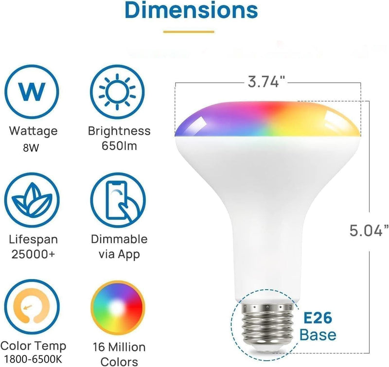 OREiN Matter BR30 Smart Light Bulbs Compatible with Alexa, Apple Home, Google Home, SmartThings, 60W Smart Bulbs 2.4Ghz WiFi only, 650 Lumens RGBTW Color Changing Led Light Bulbs, 4 Pack 4 Pack-B