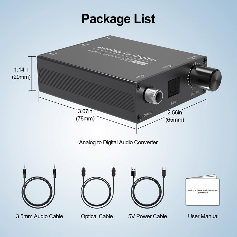 Analog to Digital Audio Converter, RCA to Optical Audio Converter with 3.5mm AUX Jack and Coaxial Adapter for Soundbar, Equipped with Volume Adjustment Function