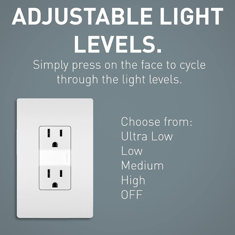 Legrand Radiant Adjustable LED Night Light Outlet with Screwless Wall Plate, Tamper-Resistant Hallway Night Light, 5 Levels, NTL885TRWPW, 15 Amp, White