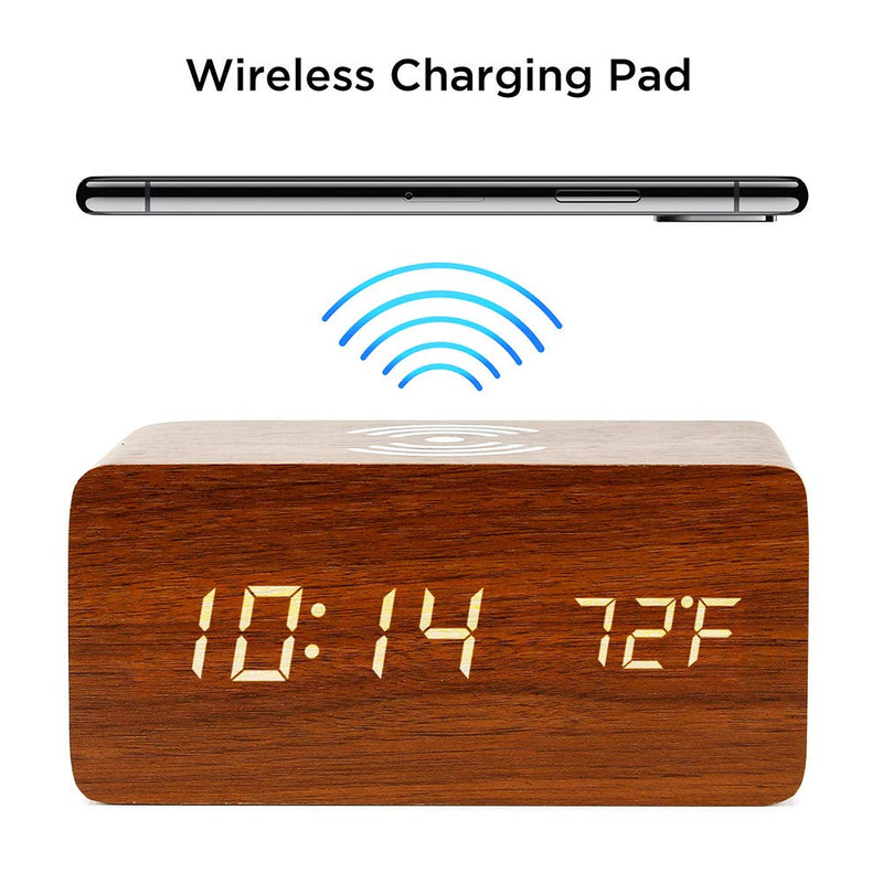OCT17 Alarm Clock with Qi Wireless Charging Pad Compatible with iPhone Samsung Wood LED Digital Clock Sound Control Function, Time Date, Temperature Display for Bedroom Office Home- Brown