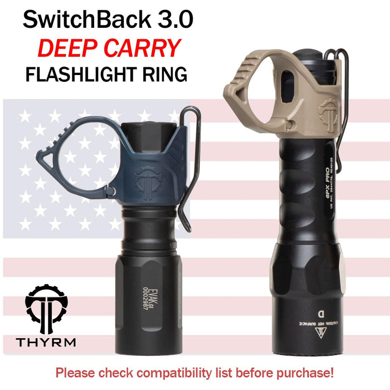 Thyrm Switchback 3.0 Deep Carry Flashlight Ring, Premium Metal Clip, Blue | Wire Clip Adjustable to Two Heights, Made in USA, For 1” Diameter Lights by SureFire, Modlite, Streamlight, Fenix, Nitecore Navy Blue