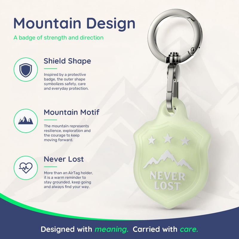 AirTag Holder Keychain, Waterproof AirTag Case with Swivel Key Ring | Compatible with Apple AirTag; stylish embossed silicone Air Tag holder keeps your AirTag secure on keys, bags and luggage Glow-in-the-Dark Green-M Mountain