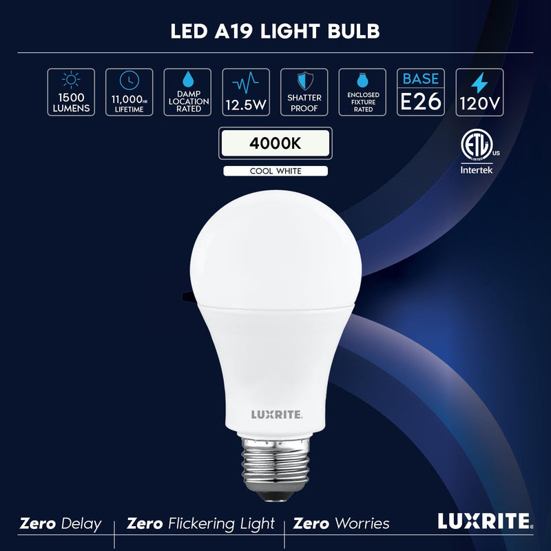 LUXRITE A19 LED Light Bulb 100 Watt Equivalent, 4000K Cool White, 1500LM, Non-Dimmable, Standard LED Light Bulbs, 12.5W, E26 Base, Enclosed Fixture Rated, Damp Rated, ETL Listed (16 Pack) 16 Count (Pack of 1) 4000k (Cool White)