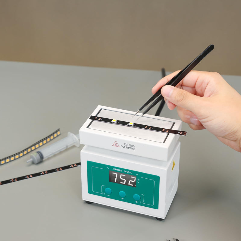 YIHUA 946D-IV Soldering Hot Plate Mini Size, Rework Heater with 2 ESD-Safe Tweezers, Adjustable Temp, °C/°F Conversion, PID Temp Control, 100 * 50mm Aluminum Heating Plate