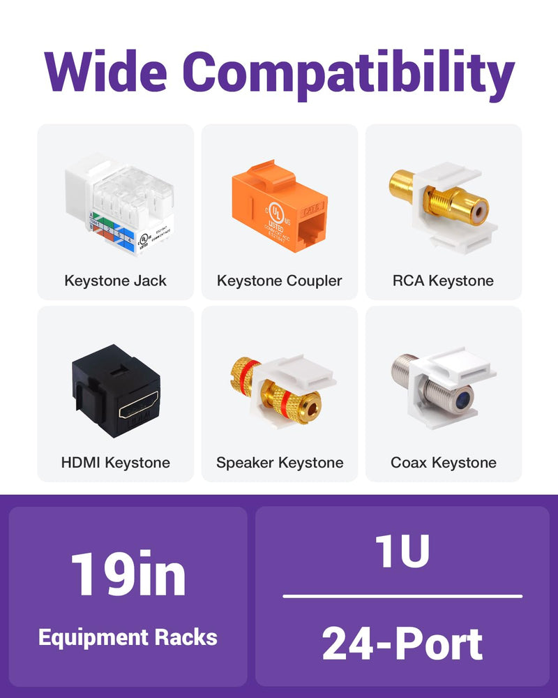 VCE Cat6 Patch Panel 24 Port, 1U Blank Removable Panel with Adjustable Rear Cable Management Bar for RJ45, HDMI, Coax, Speaker Keystones, 19 inch, 1 Pack