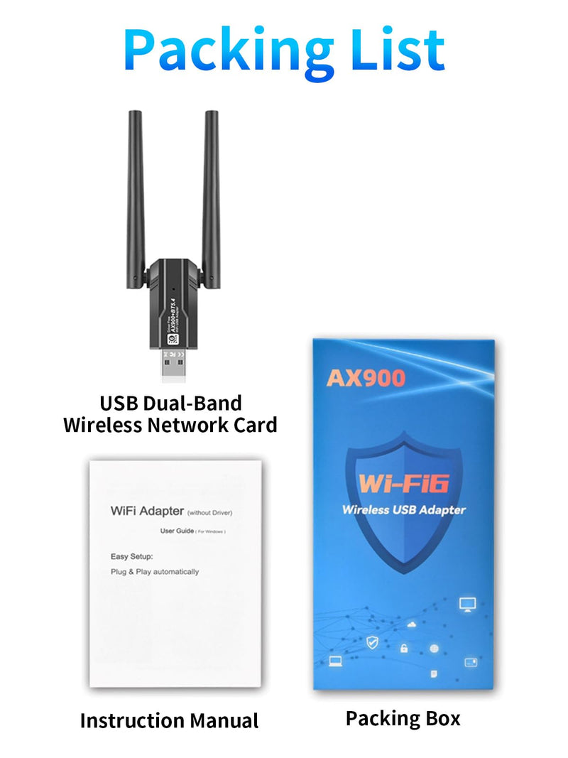 USB Wireless Network Adapter for PC/Laptop, AX900Mbps USB WiFi 6 Adapter Supports 2 x 5dBi Antenna Supports Bluetooth 5.4 Dual Band 2.4/5GHz, 802.11ax, WPA3, Supports Windows 11/10/8.1/8/7