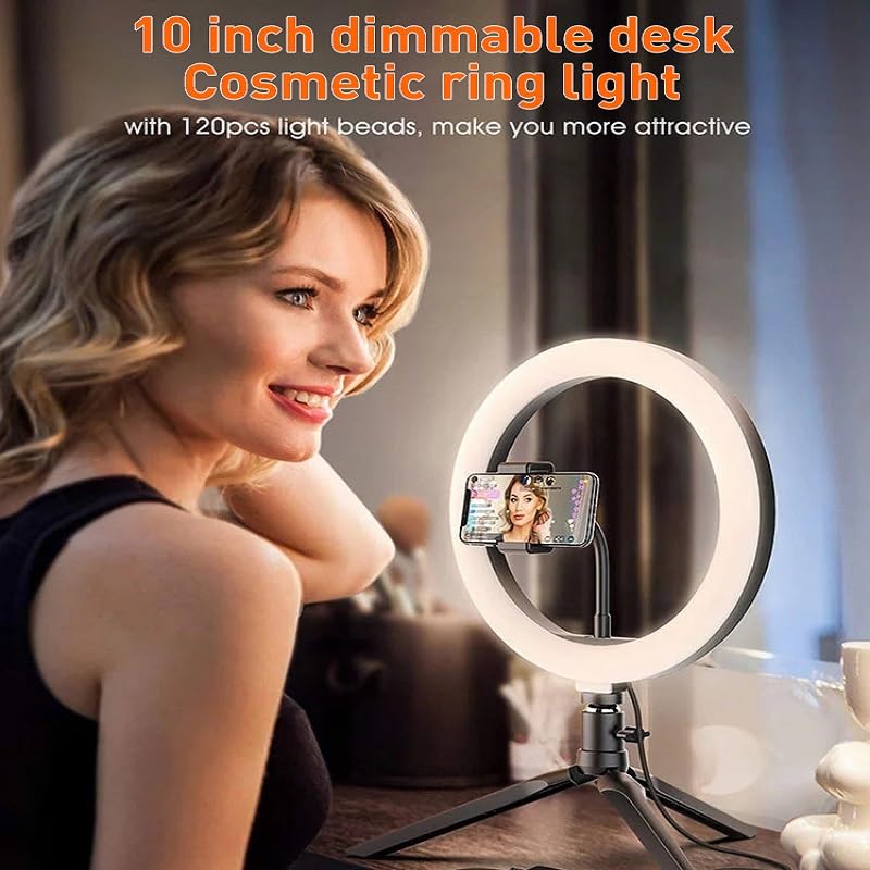 Selfie Ring Light 10" with Tripod Stand and Phone Holder, LED Ring Light for Desk with 3 Light Modes & 11 Brightness Level for Selfie, YouTube, Makeup, Live Streaming, TIKTOK