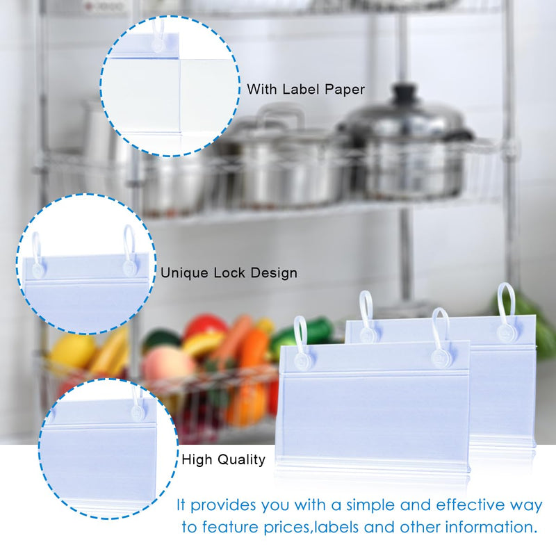 Diteje 40 Pack Plastic Basket Label Holders,Price Sign Wire Shelf Labels Holder with Easy Clip Design Snap Lock Closure,with Paper Insert,3.94x1.57inch