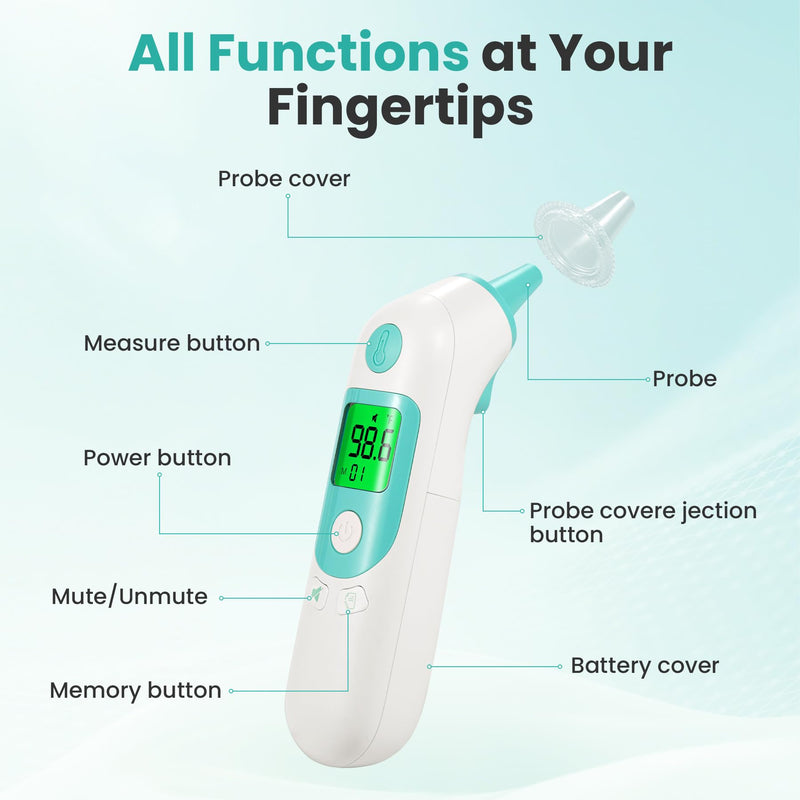 Thermometer for Adults and Kids, Accurate Baby Ear Thermometer with 3-Color Fever Indicator 40-Reading Memory F/°C Switch Mute Mode with Carrying Bag (White)