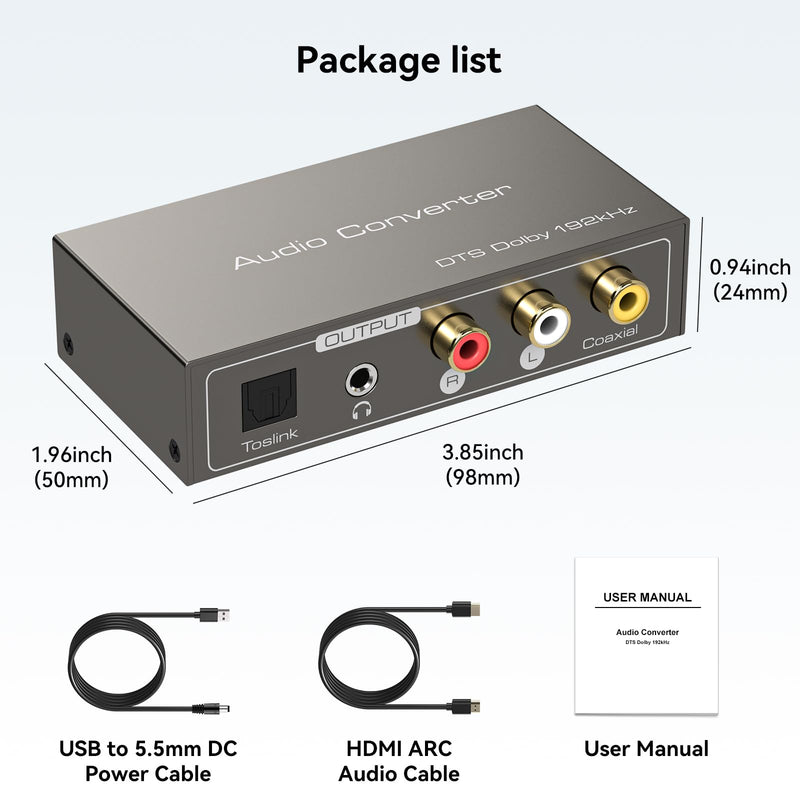 HDMI ARC to RCA Audio Converter 3 in 1 Digital to Analog Audio Converter with Optical Coaxial ARC Input Toslink Coaxial RCA AUX Output Support Dolby DTS LPCM for TV Soundbar Home Theater M HDMI ARC to RCA Audio Converter