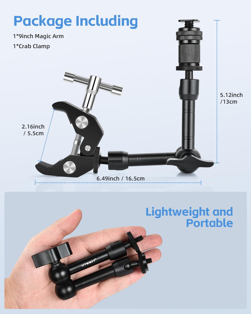 UTEBIT Adjustable Magic Arm with Super Clamp, 9 inch Articulating Arm Clamp Kit for LCD Monitor, LED Light, Flash Light, Camera Rig