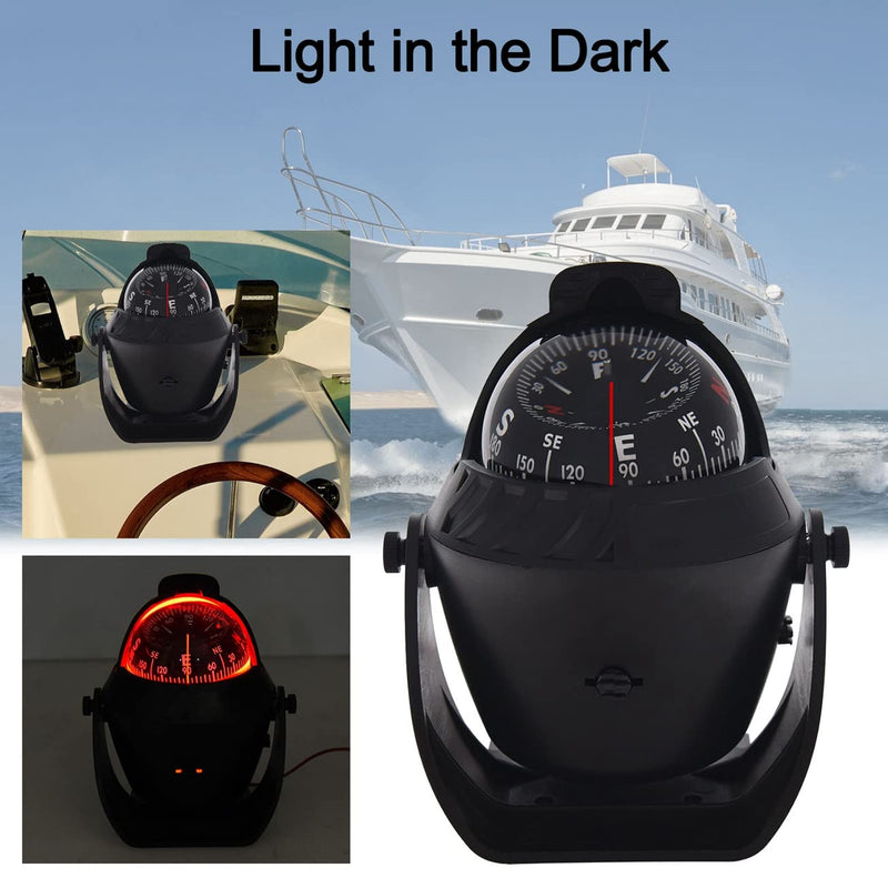 Marine Compass for Boat LED Light Navigation Pivoting Electronic Automotive High Precision Compass for Sailing Boat Car Truck Black