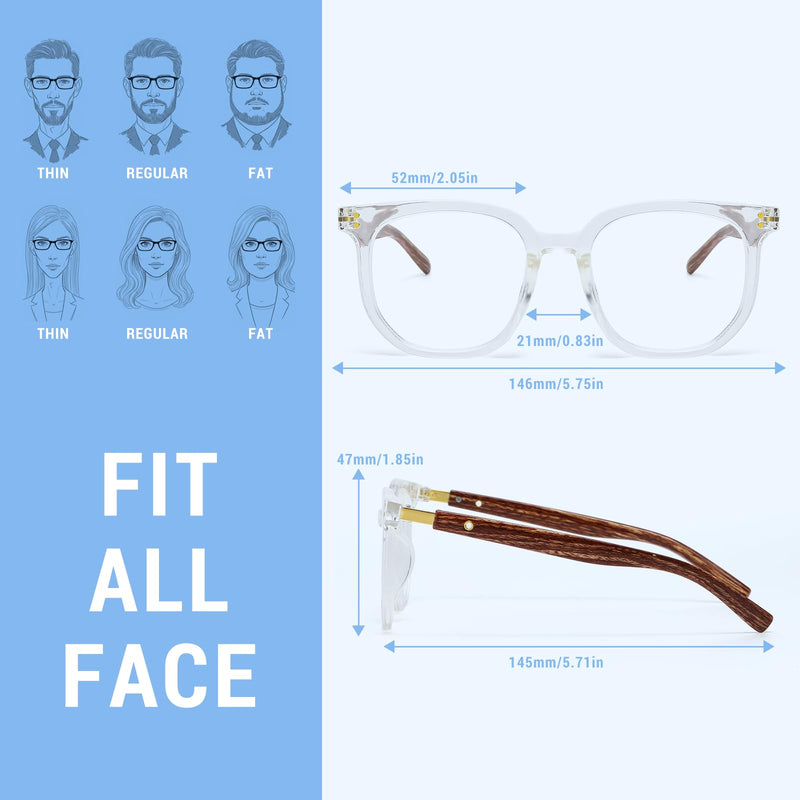 Fit Nearsighted Glasses Blue Light Blocking Eyeglasses Men Women Not Reading Glasses Transparent Frame & Wood-grain Color Temple -1.5 x