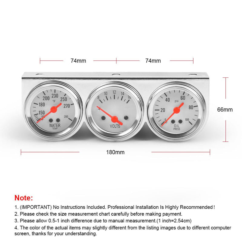Dyno Racing 2inch 52MM Triple Gauge kit Volt Meter Water Temp Temperature Gauge Oil Press Pressure Gauge Car Meter Triple Gauge Set