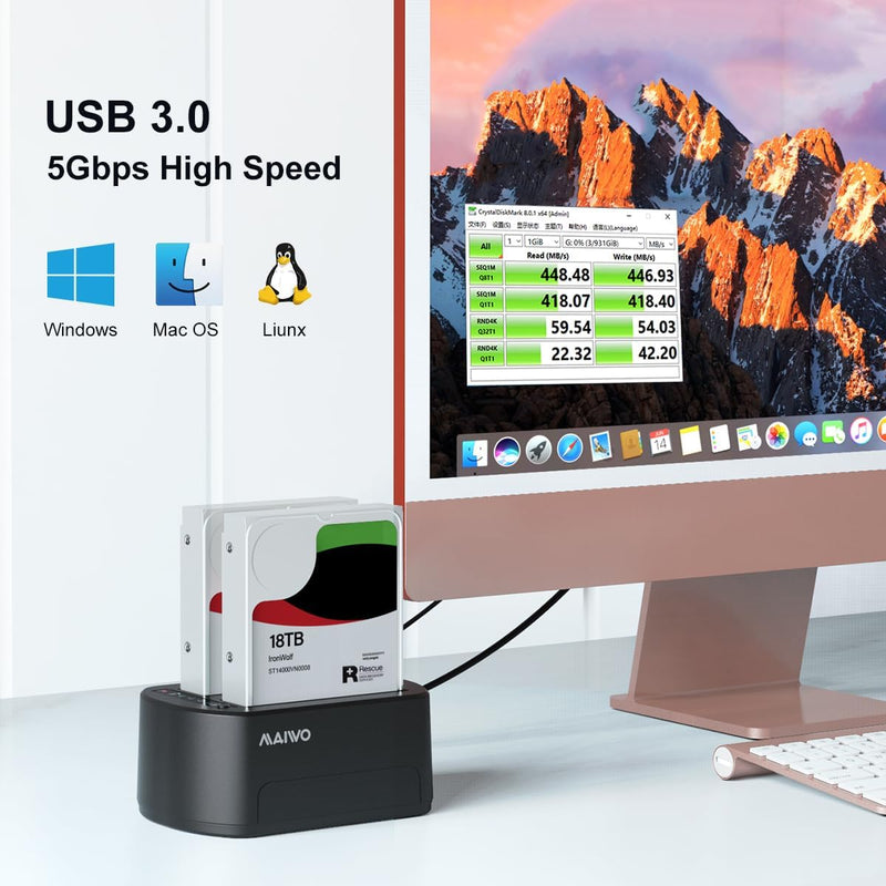 MAIWO External Hard Drive Docking Station with Offline Clone for 2.5/3.5" SATA HDD/SSD, 5Gbps with UASP, 48TB Capacity, Dual Bay USB 3.0 to SATA Adapter Duplicator