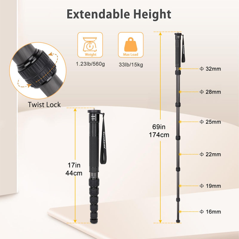 Koolehaoda Camera Monopod, 69 Inch Carbon Fiber Photography Monopod | Trave Telescopic Unipod Stick 32mm Tube 6 Section for Cameras Canon, Nikon & Sony Mirrorless & DSLR, Max Load 33lbs
