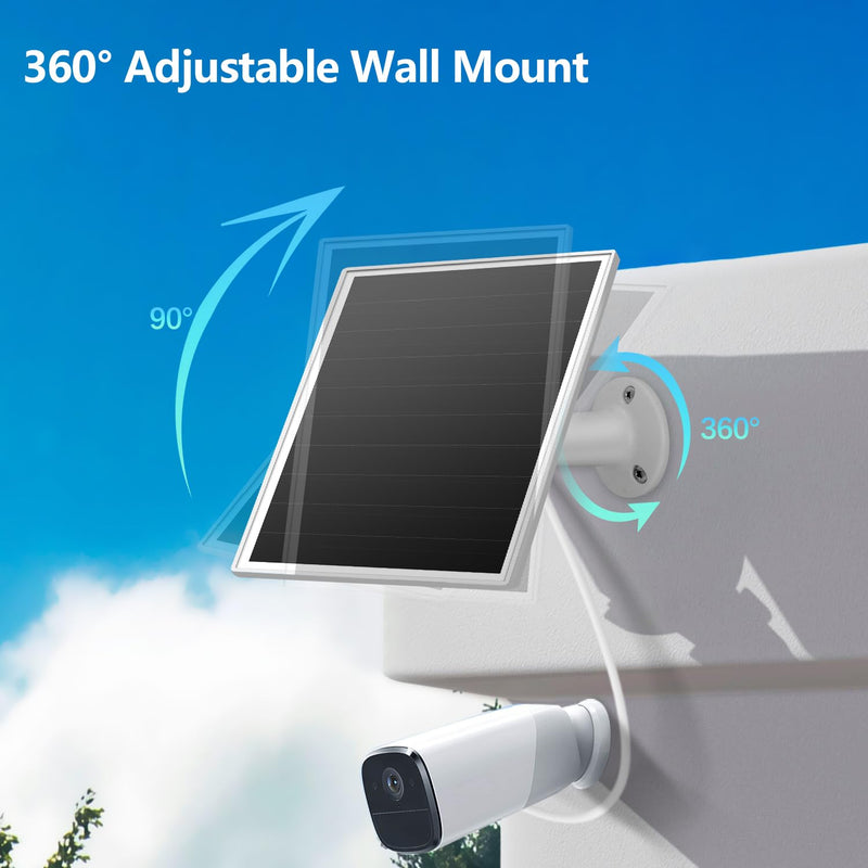 6W Solar Panel for Outdoor Security Camera with Micro USB & USB - C Port, Solar Panel Charger for Battery Camera，Fits Wyze/Reolink DC 5V Output, IP65/360° Adjustable, 9.8ft Cable, Fast Charging white-1Pack