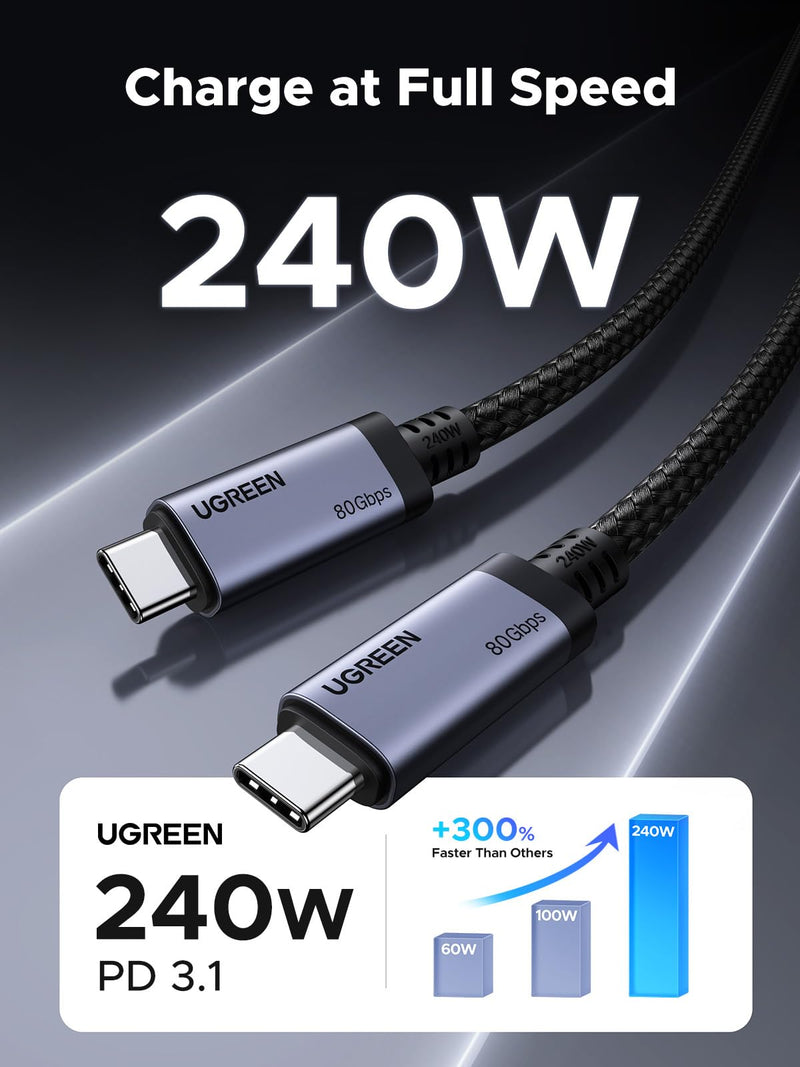 UGREEN 240W USB C to USB C Cable USB4 Gen4 80Gbps for Thunderbolt 5/4/3, Premium 18K Dual 8K Triple 4K Display PD3.1 Charging Compatible with USB C Monitors, MacBook, iPad, iPhone 17/16/15, 3.3FT