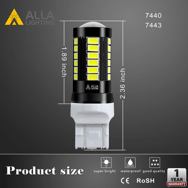 Alla Lighting 2800lm T20 7440 7443 LED Bulbs, White Reverse/Signal/Brake Tail/DRL Lights 7444 7443LL 7441 W21W 6000K Xenon Xtreme Super Bright 12V 5730 33-SMD Upgrade 6000K Xenon White