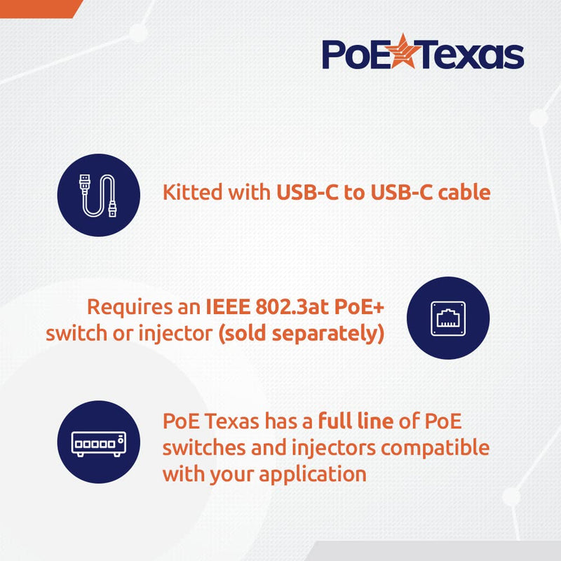 PoE Texas PoE+ Power and Data Adapter for USB-C Tablets & Devices for POS, Digital Signage, & More - 802.3at POE+ to USB-C Power Delivery - Extends Charging & Data Delivery Up to 328 Feet 24 watts Power + Data