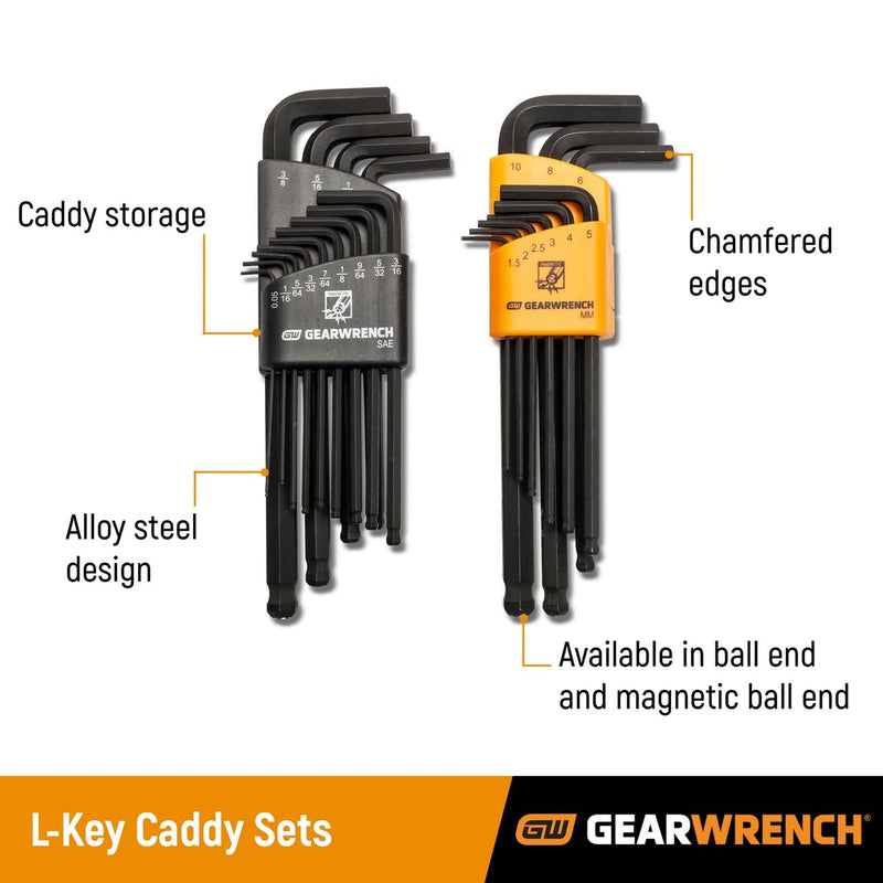 GEARWRENCH 22 Piece SAE/Metric Magnetic Ball End Long Arm Hex Key Set - 83526 SAE/MM