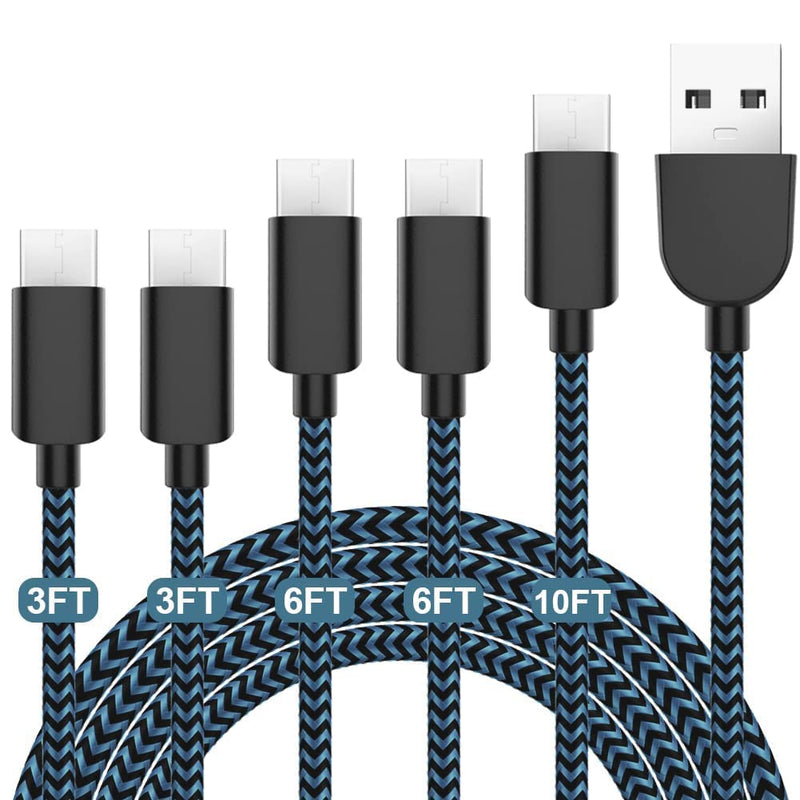 5Pack (3/3/6/6/10FT) Fast Charging 3A USB-C to USB-A Cable Rapid Charger Quick Cord Compatible Samsung Galaxy S10 S9 S8 Plus, Note 10 9 8, LG V50 V40 G8 G7(Blue)