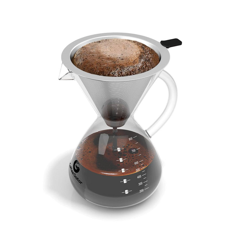 Coffee Gator Pour Over Coffee Maker - 27oz High Heat Borosilicate Glass with Reusable Stainless Steel Filter, Drip Coffee Brewer Dripper Set Carafe, 800ml Clear 27 oz