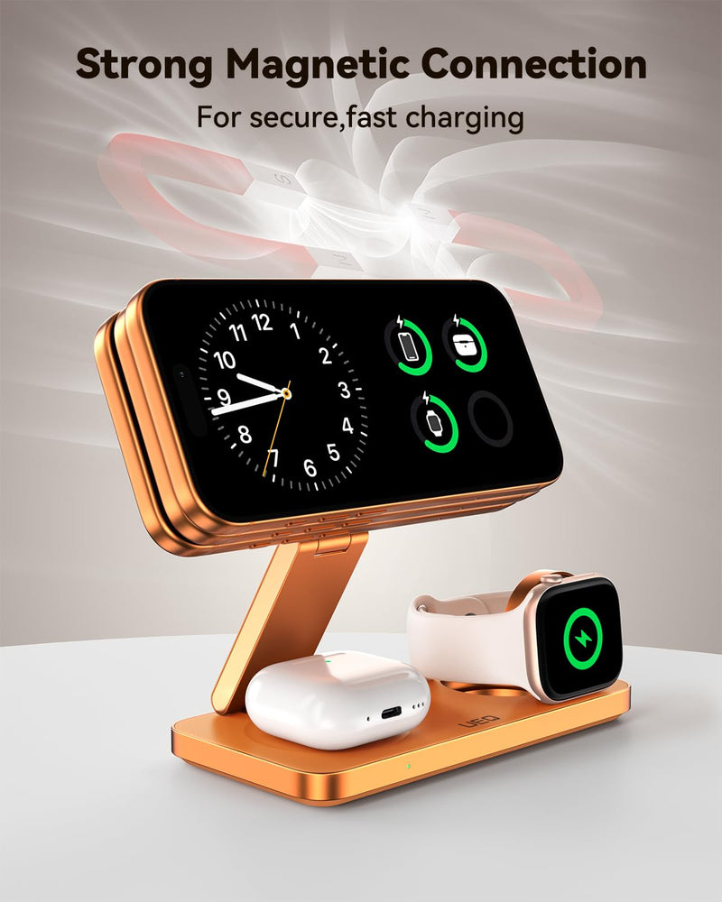 UEQ Foldable 3 in 1 Wireless Charging Station for Apple Mag Safe Charger Stand,Fast Magnetic Wireless Charger Station for iPhone 17 Air 16 15 14 13 12 Series,Airpods Pro,Apple Watch Ultra (Orange) Orange