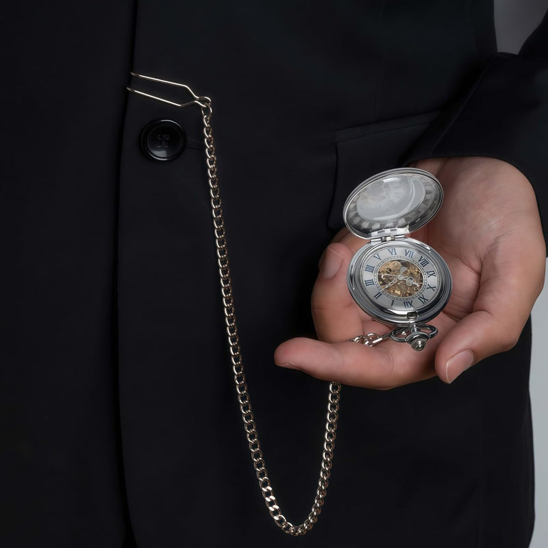 Mechanical Pocket Watch, for Men Women Special Magnifier Half Hunter Engraved Case Roman Numerals with Chain Ab. Silver Blue