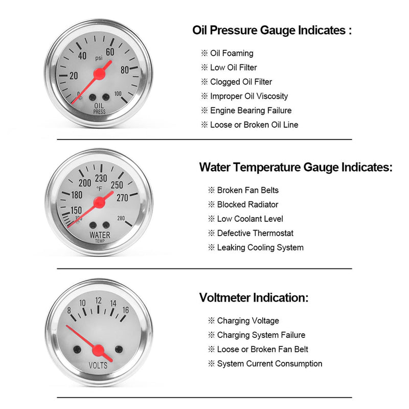 2'' 52mm Universal Chrome 8V to 16V Volt Gauge,100 to 280℉ Water Temp Temperature Gauge, 0 to 100 PSI Oil Pressure Gauge, Meter 3in1 Triple Gauge Set Gauges Kit