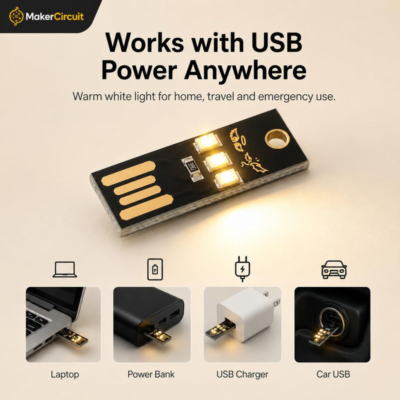 10pcs Warm White USB 3-LED Light Module, Black PCB Mini USB Lamp for Laptop Keyboard, Power Bank, Reading and Travel Use USB-3LED-3-Warm white