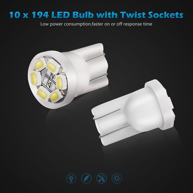 Partsam T10 194 168 LED Dash Instrument Light Bulbs White with Twist Lock Socket, Super Bright T10 Instrument Panel Gauge Cluster Dashboard Lights Bulbs 12V 6-2835-SMD LED Chipset, 10Pcs/Set