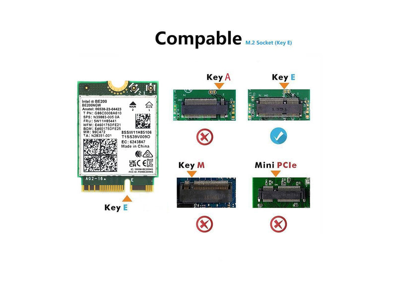 WiFi 7 BE200 NGW Wireless Card, Tri-Band 6GHz/5GHz/2.4GHz M.2 NGFF Bluetooth 5.4, Includes Ipex Cable, 8dBi Antennas and Brackets Support Windows 10/11(64 bit)/Linux, Not Support AMD. (with Antennas) with Antennas