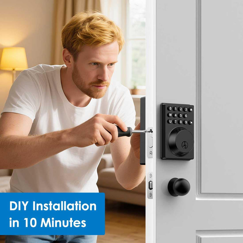 Keyless Entry Front Door Lock Keypad Deadbolt Matte Black with Latest One-Touch Simplified Program and Advanced Security Auto Lock Easy Installation 2 Spare Key