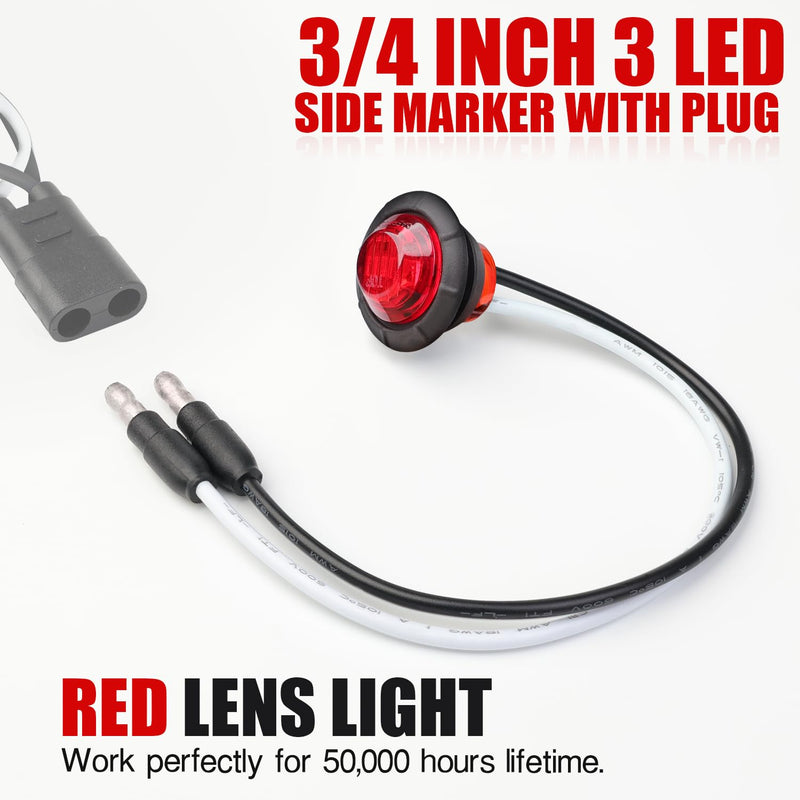 TMH 3/4 Inch Mini Red Light 3 LED with Connector Plug Clearance Markers Side Marker Indicator Lights Mini Round Front Rear with Grommet for Truck Trailer Lorry Bus 12V DC (Pack of 20) Pack of 20 Red (20 Pcs)