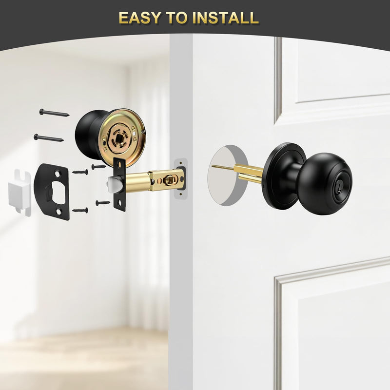 3 Pack Keyed Entry Door Knob, Entrance Door Lock, Keyed Different, Flat Ball, Matte Black Interior and Exterior Entry Door Knobs 3