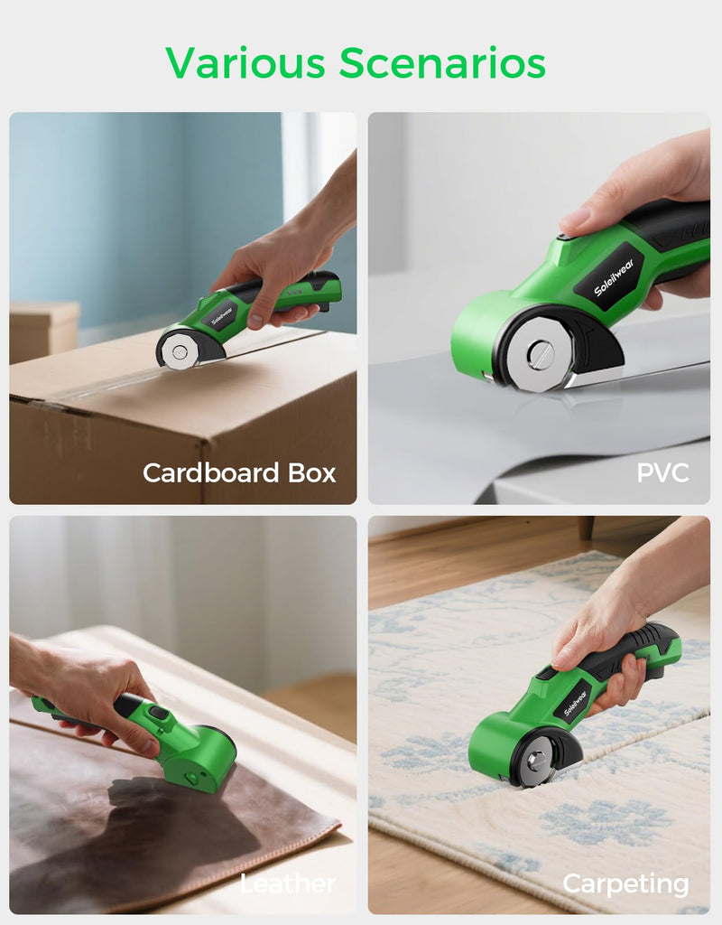 Cardboard Cutter, Rechargeable Cordless Electric Scissors, 4V Upgrade Motor Electric Box Cutter with 2 Blades, Safety Lock & LED Light, Powerful Cutting for Cardboard Box, Plastic, Leather Green