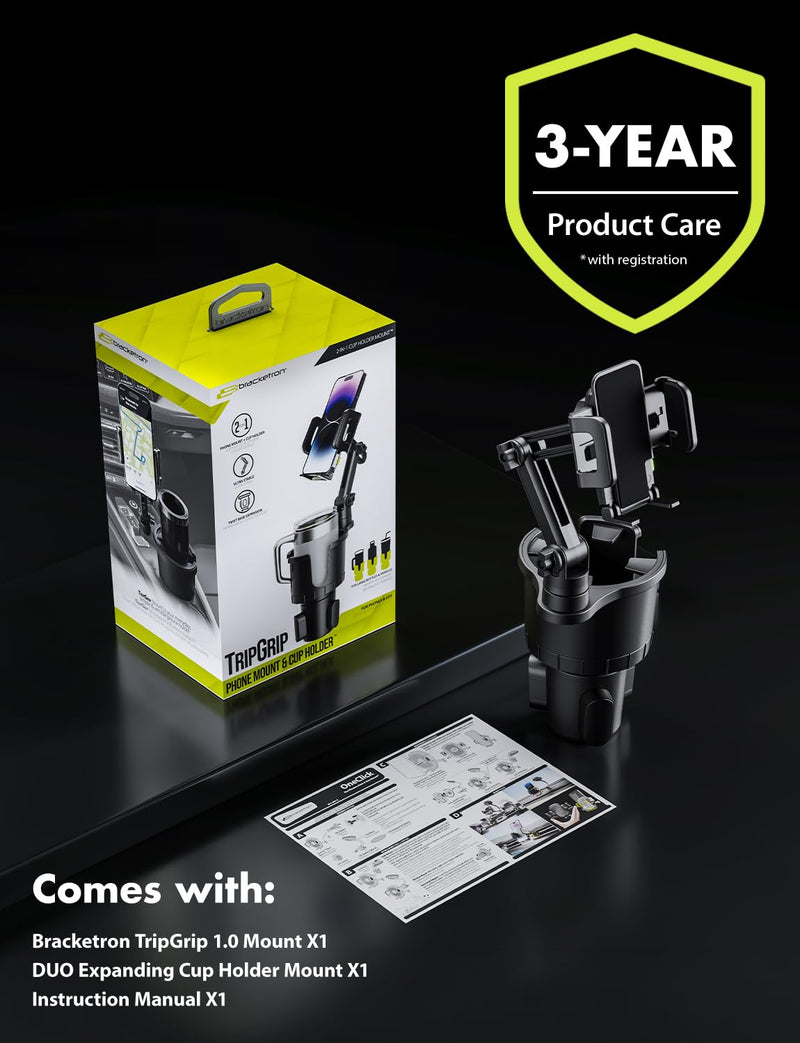 Bracketron Cup Holder Phone Mount for Car, TripGrip Truck Phone Holder | 2-in-1 cup holder phone holder, expandable base, one-click release, 360° rotation, folding support legs for up to 3.5" device