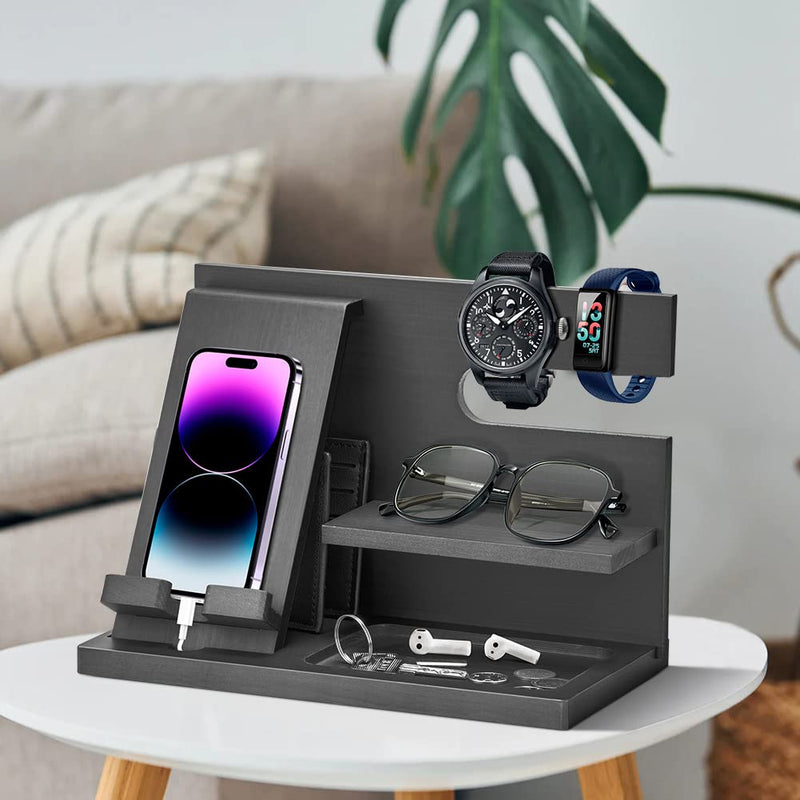 Wood Phone Docking Station - Gifts for Men Desk or Nightstand Organizer - Birthday Gifts for Husband, Fathers Day for Dad - Anniversary Idea from Wife - Key Holder, Stand Wallet, Watch & Essentials lassic stand - Black