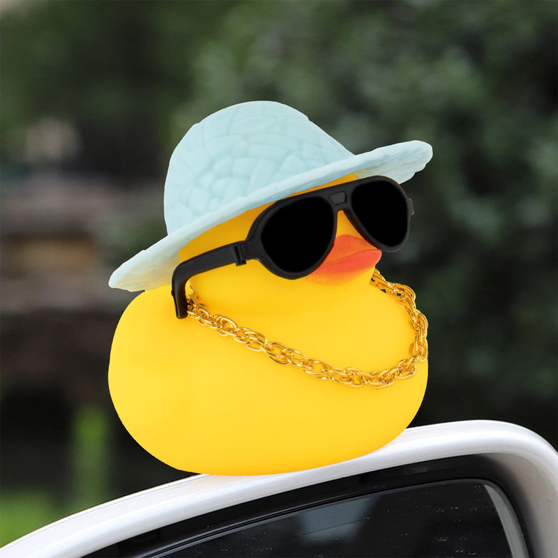Wonuu Rubber Duck Car Ornaments Duck Car Dashboard Decorations with Straw Hat, Sun Umbrella, Sunglasses, Blue