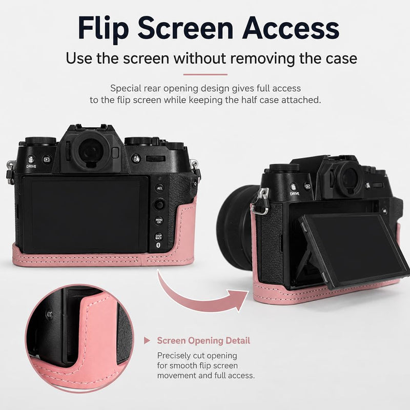 Bowan X-T50 Camera Case, Handmade Genuine Real Leather Half Camera Case Bag Cover for Fujifilm X-T50 Camera Bottom Opening Version + Hand Strap (Pink) Pink