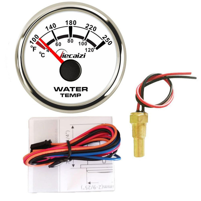 52mm/2-1/16" Water Coolant Temp Gauge & Sender Set 287.4-22.4 ohms 40-120°C/100-250°F Temperature Range 1/8" NPT Durable Stainless Steel Design IP67 Protection White face with chrome ring