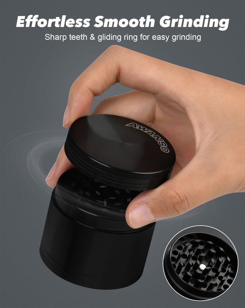 2" Grinder for Kitchen Spices, 3-Piece 4-Part Design, Screen-Free, Durable Zinc Alloy, Black 2.0"