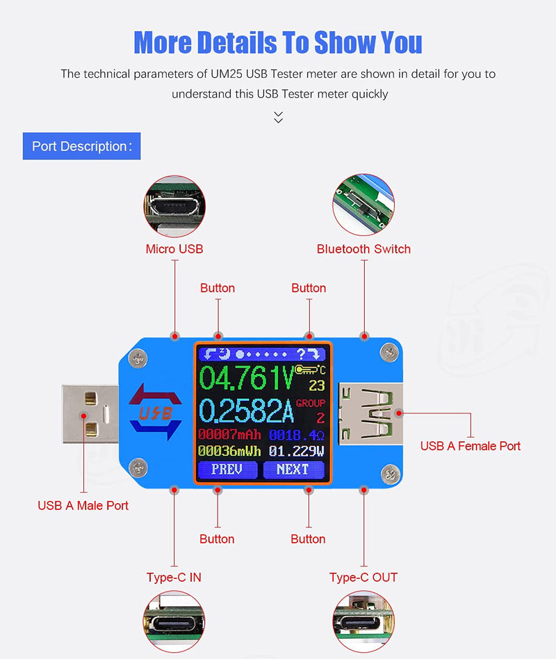 RD UM25 UM25C USB Meter Tester Voltage Current Battery Power Charger Voltmeter Ammeter Multimeter Tester