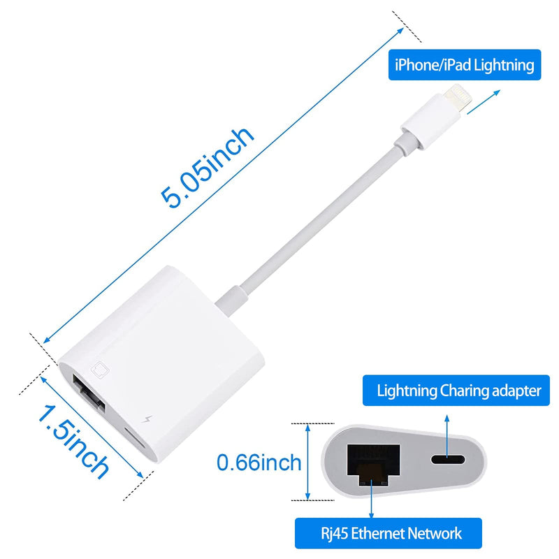 Lightning to Ethernet Adapter with Charging for iPhone/iPad [Apple MFi Certified] 2 in 1 RJ45 Ethernet High Speed iPhone LAN Network Adapter Support 100 Mbps Ethernet Network Lightning to Ethernet Adapter